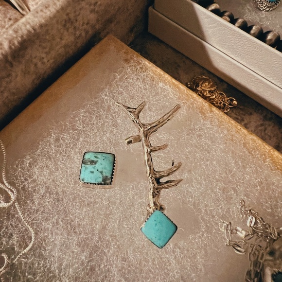 Genuine Turquoise and Silver Antler Crawler Earring Set - Picture 2 of 3